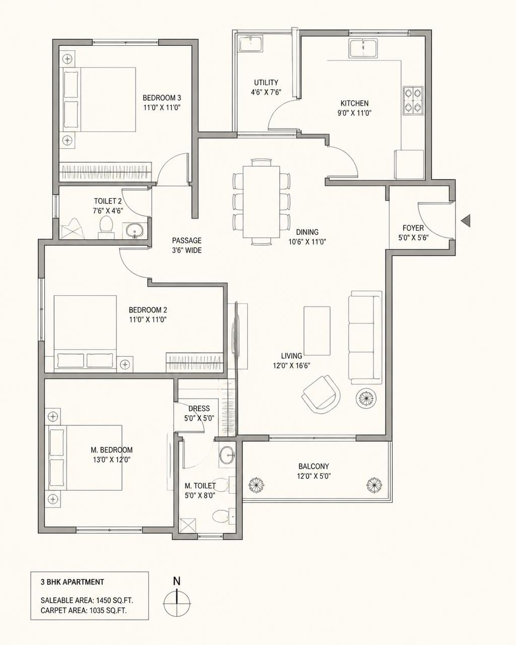Sobha Windsor 3 BHK · 1,850 sq ft floor plan