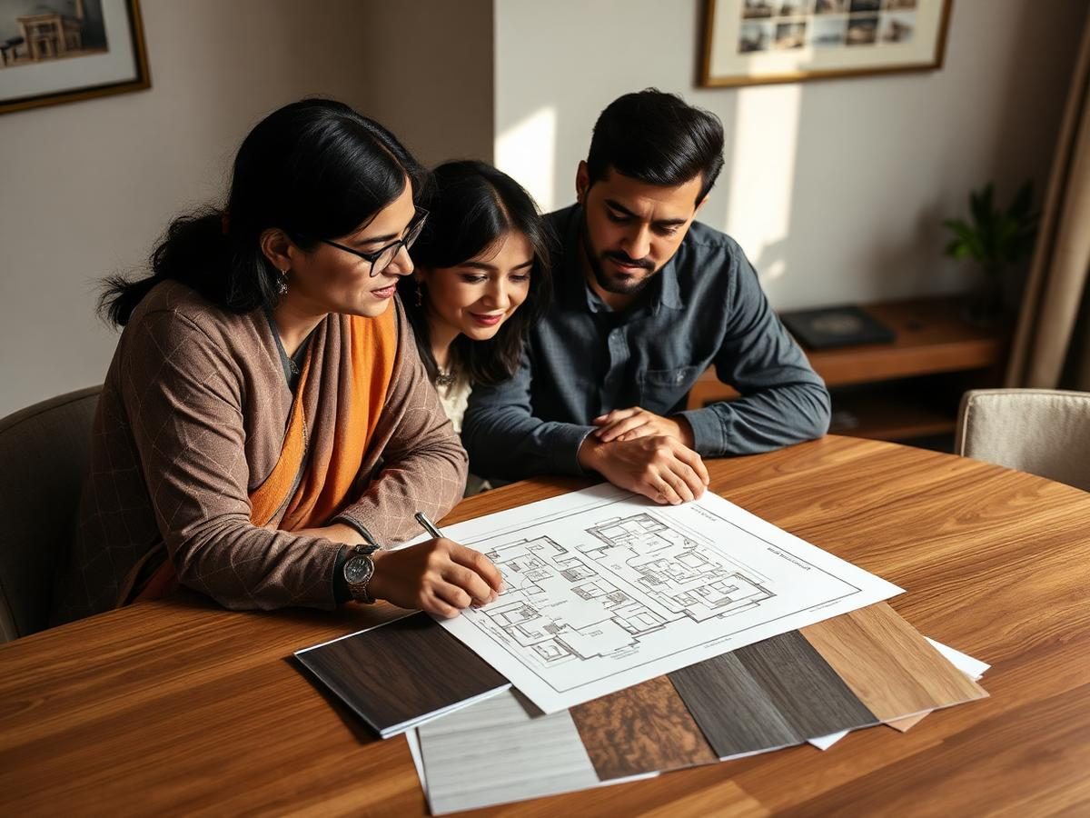 A Furdo designer working through a floor plan and material samples with a couple