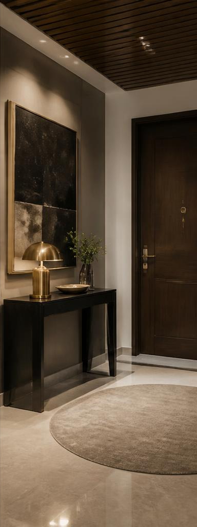 Contemporary foyer with dark console and brass lamp