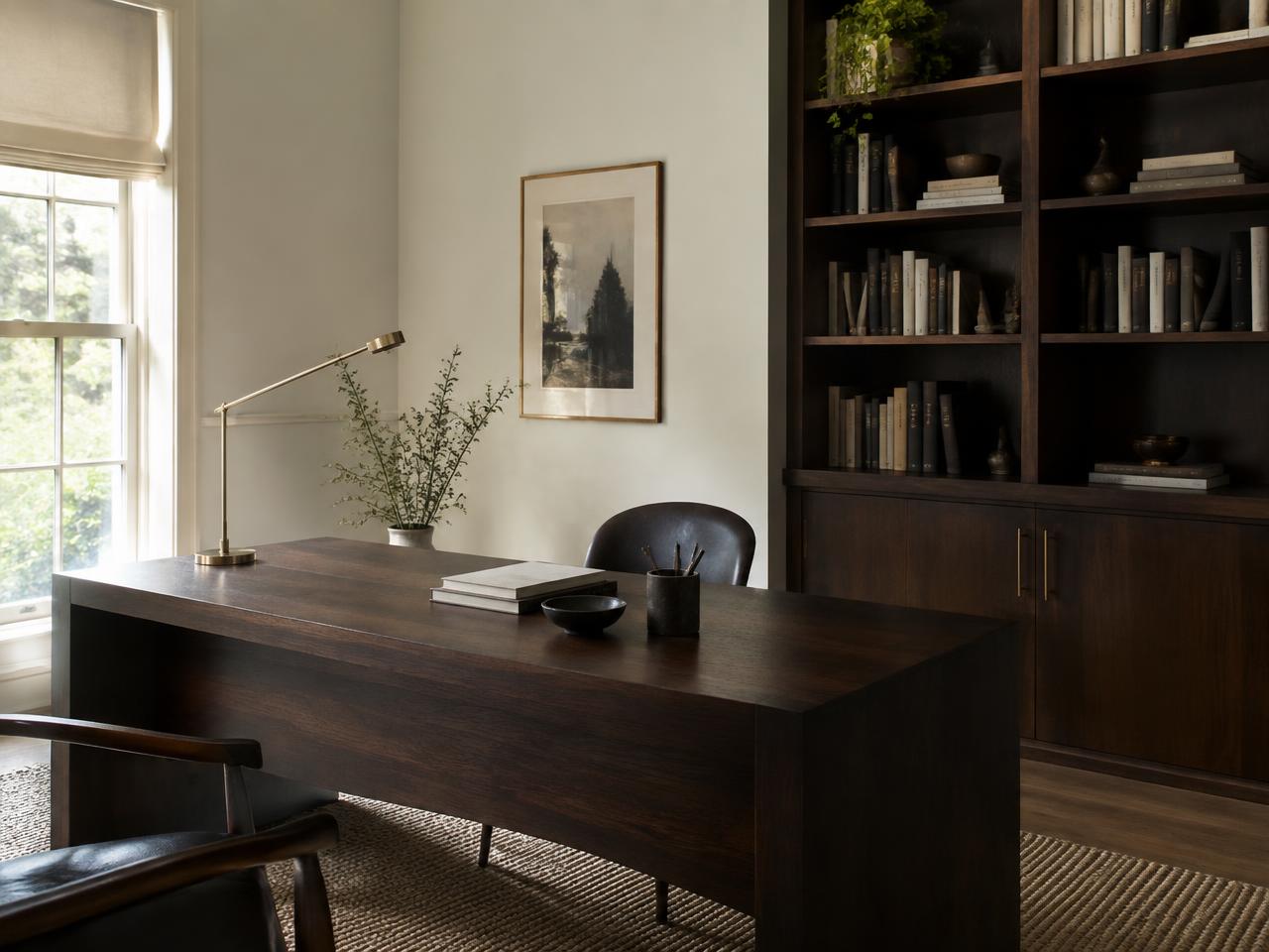 Contemporary study with dark timber desk