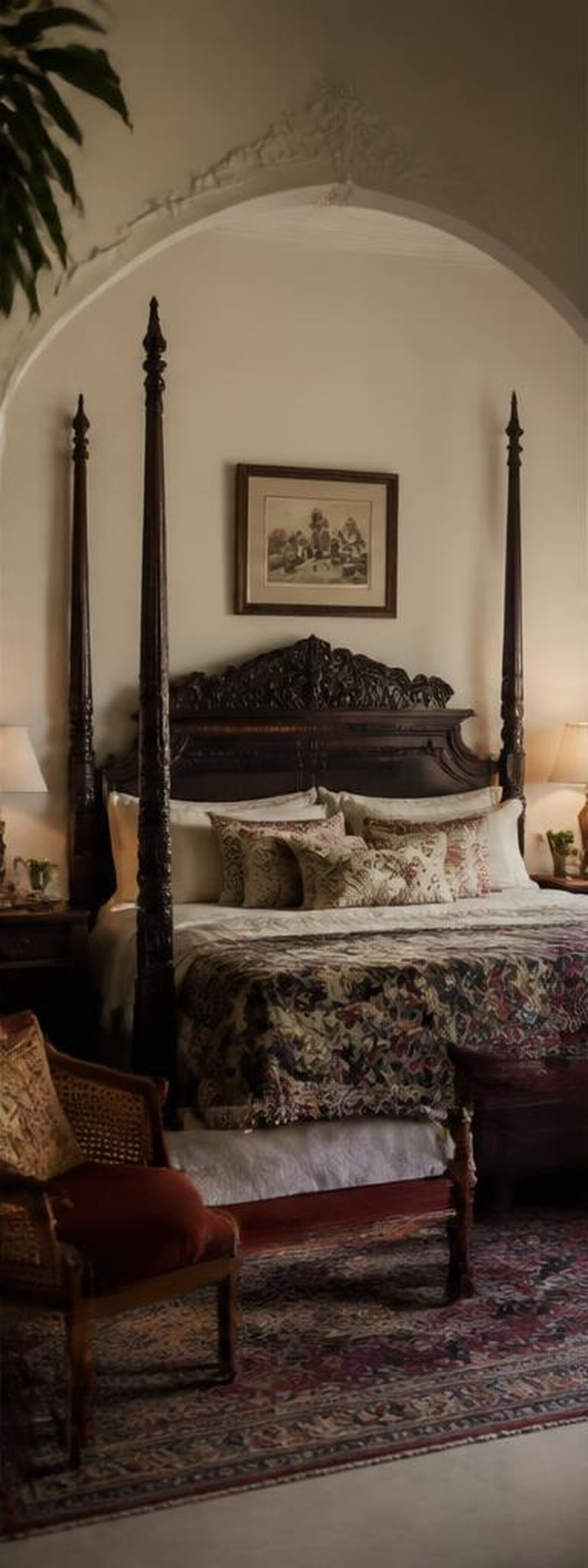Victorian and Indian fusion bedroom with carved four-poster bed