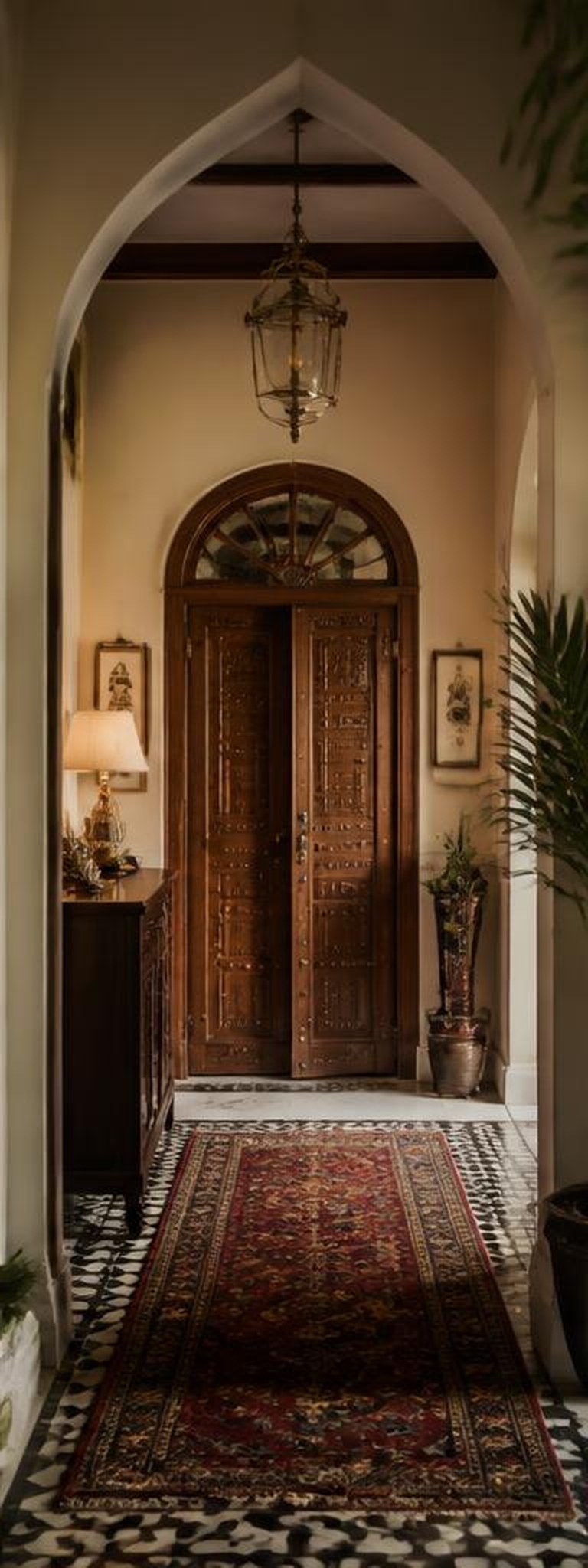 Victorian and Indian fusion foyer with carved door and patterned floor