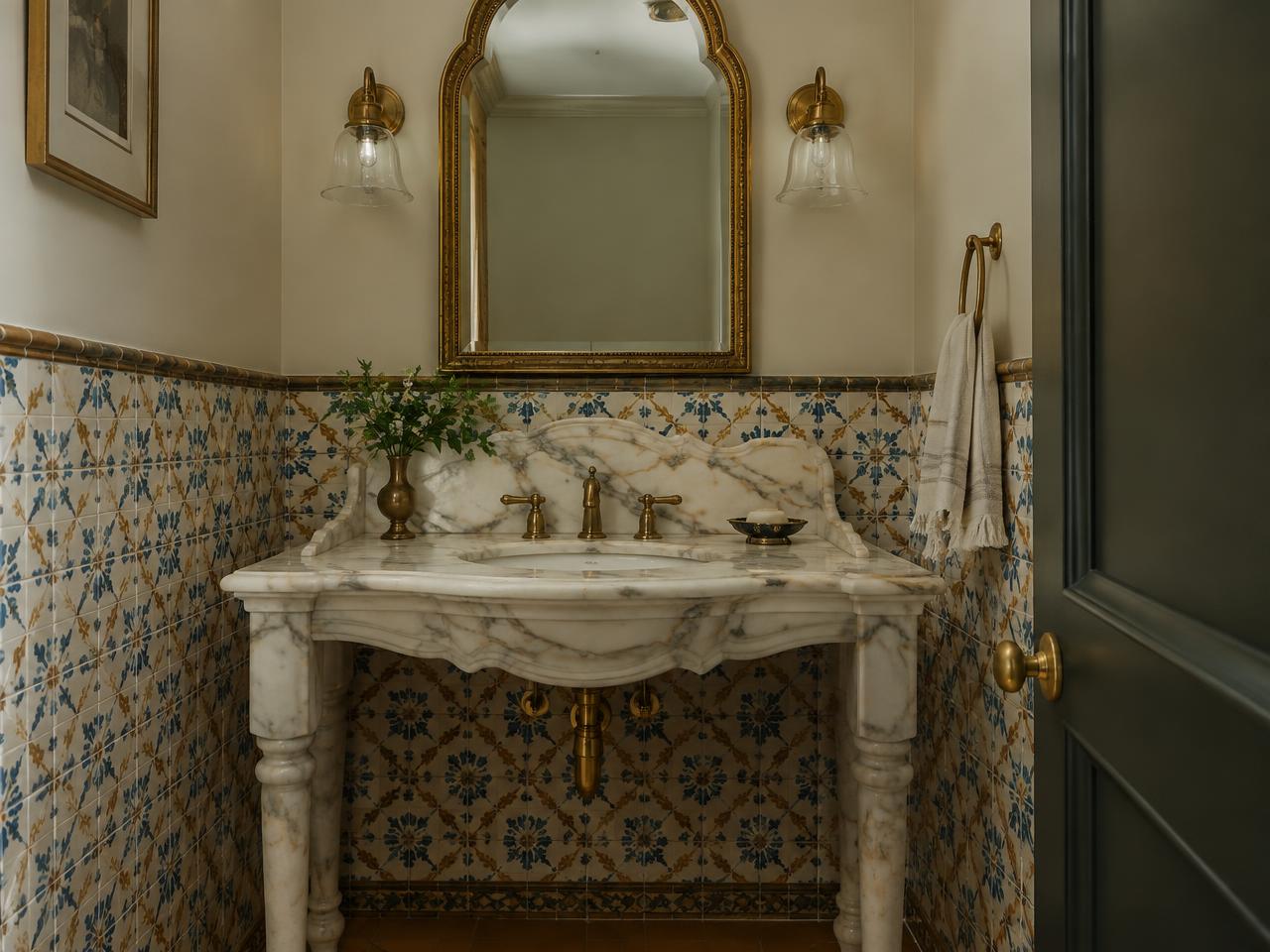 Powder room with marble console and patterned tile