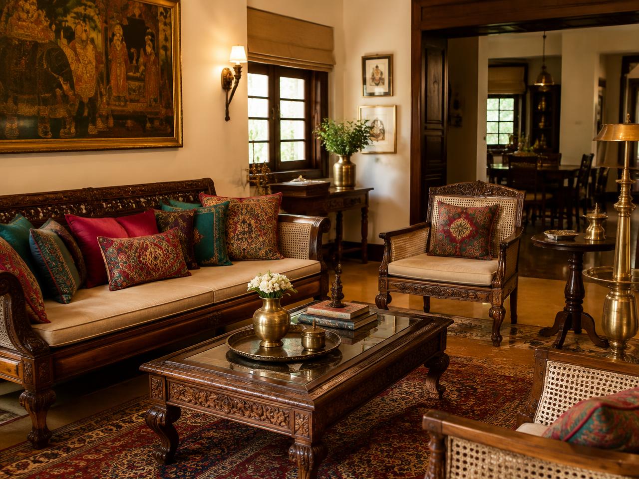 Indian ethnic living room with carved teak seating