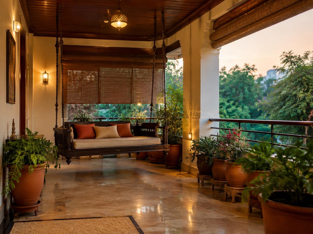 Indian ethnic balcony with wooden swing and terracotta pots