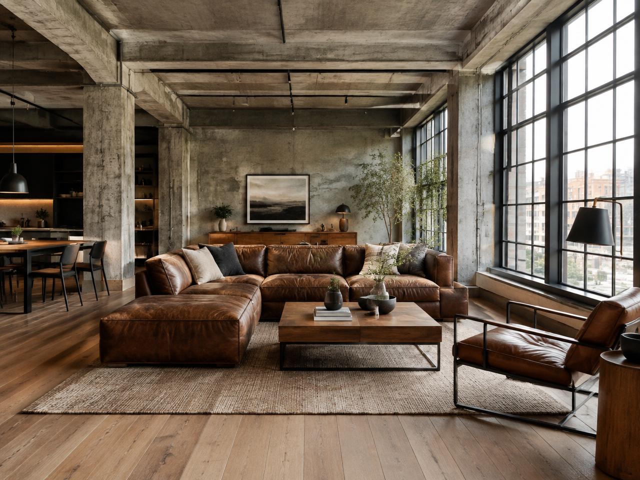 Industrial living room with concrete and leather