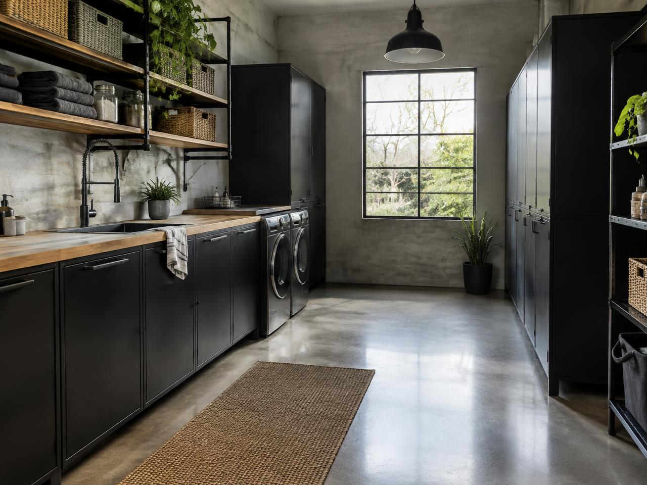 Industrial utility area with black cabinetry
