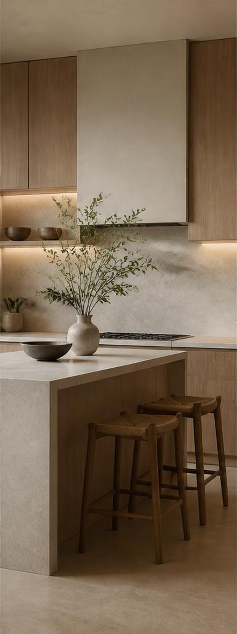 Japandi kitchen with oak cabinets and stone island