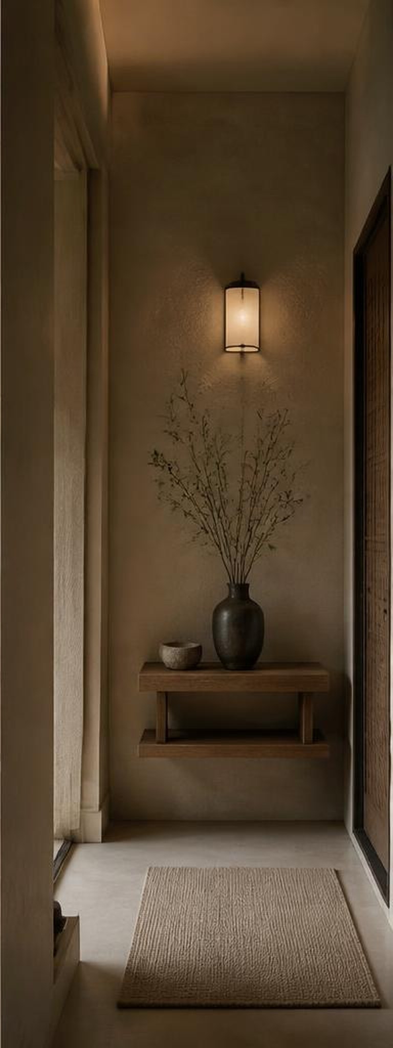 Japandi foyer with limewash walls and timber shelf