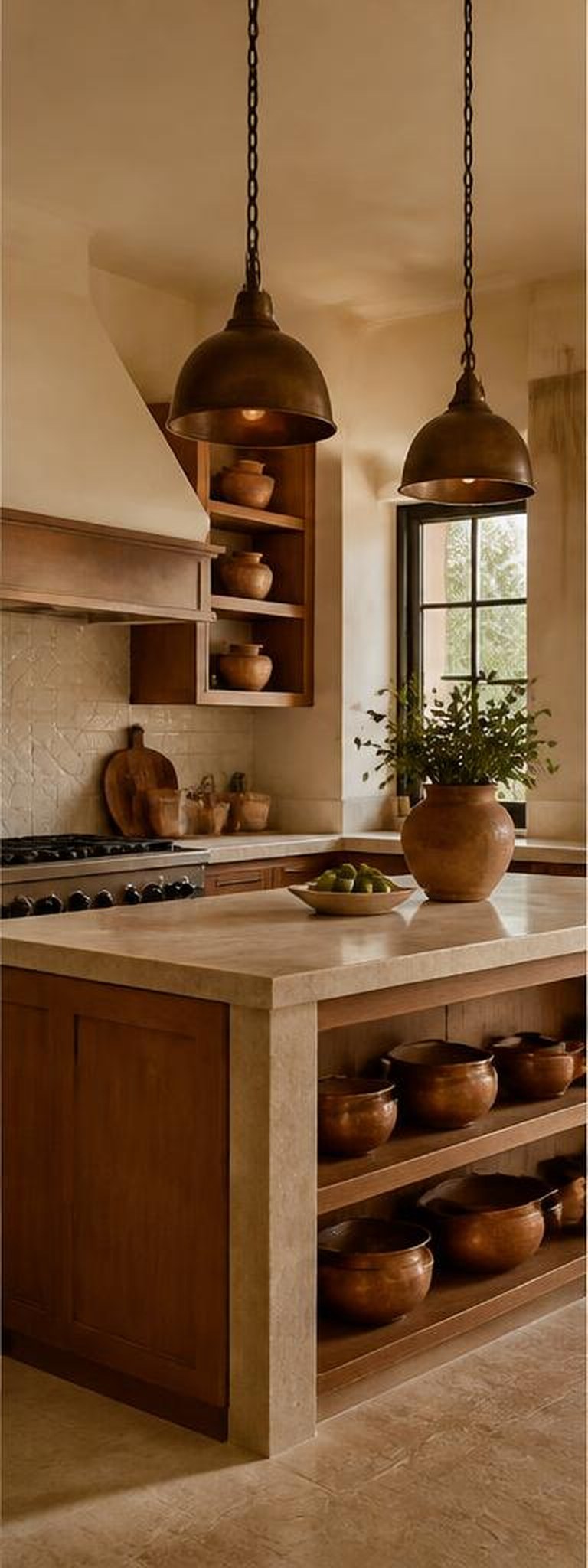 Mediterranean kitchen with stone island and timber cabinetry