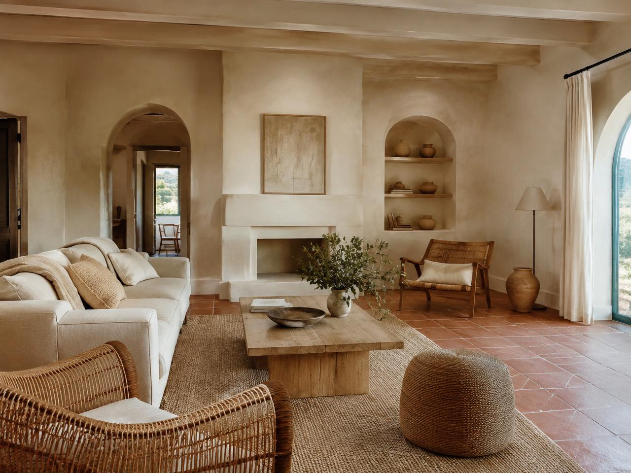 Mediterranean living room with limewash walls and arches