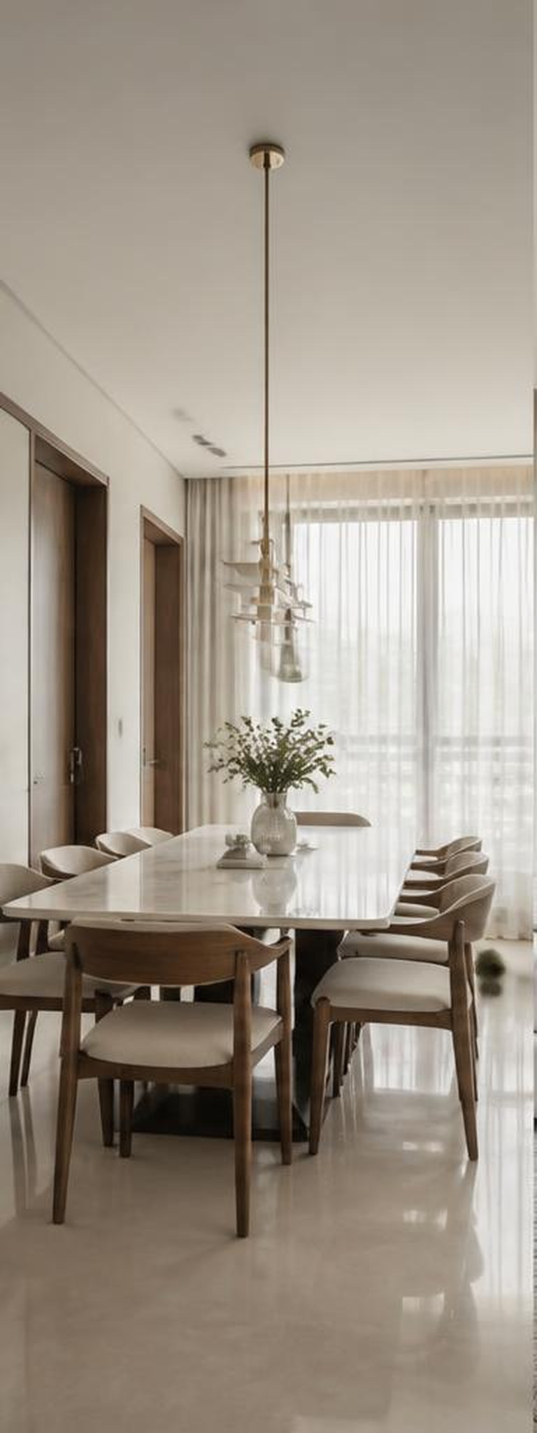Minimalistic dining room in pale wood and ivory