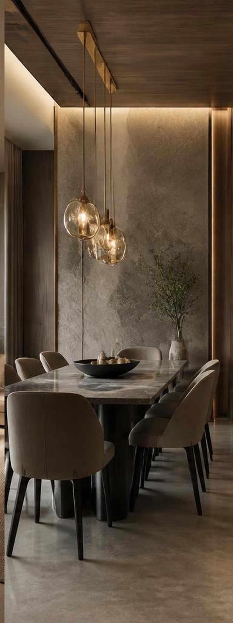 Modern luxury dining room with stone table and pendant lights