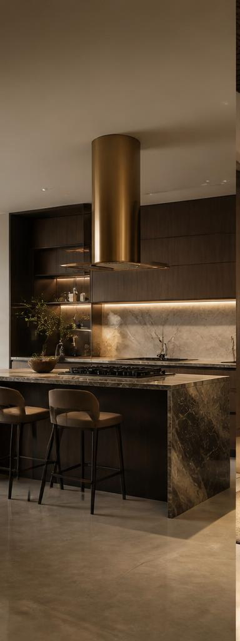 Modern luxury kitchen with marble island and brass hood