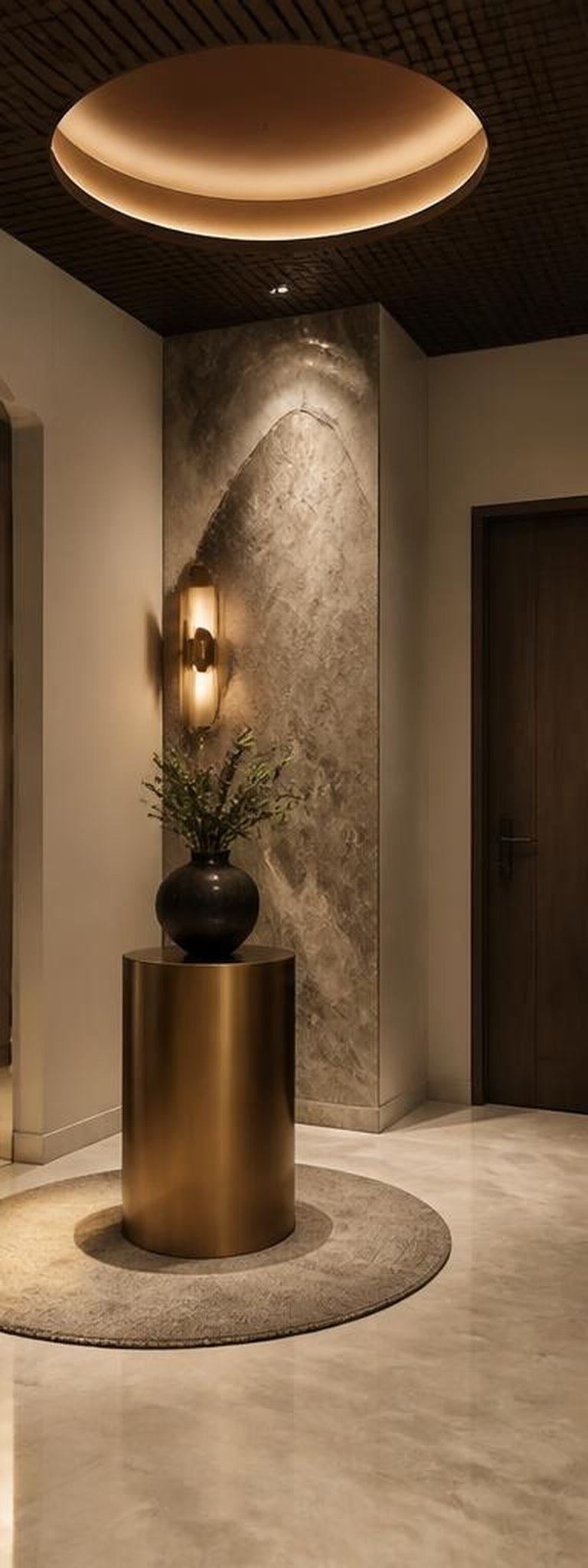 Modern luxury foyer with circular brass feature