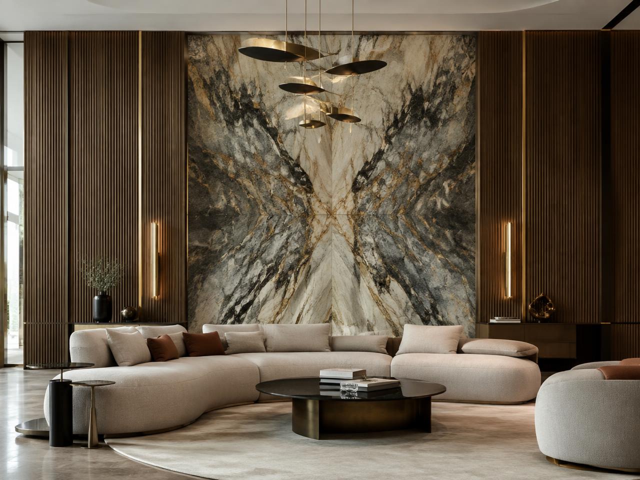 Modern luxury living room with marble feature wall