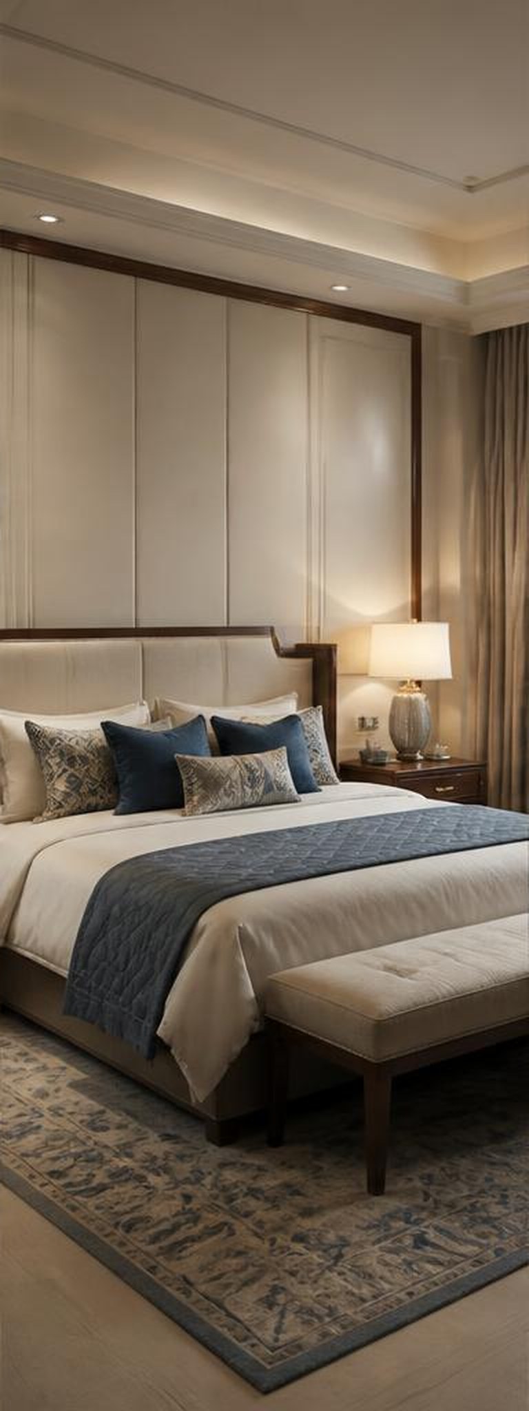 Transitional bedroom in ivory walnut and muted blue