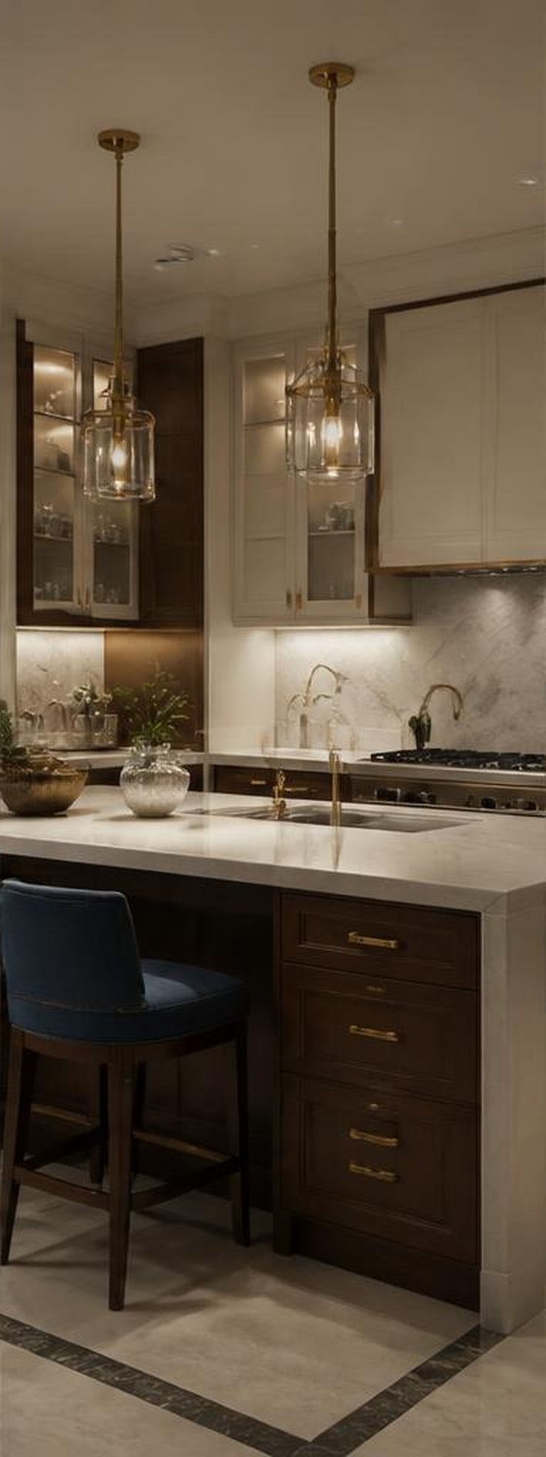 Transitional kitchen with ivory cabinetry and walnut island