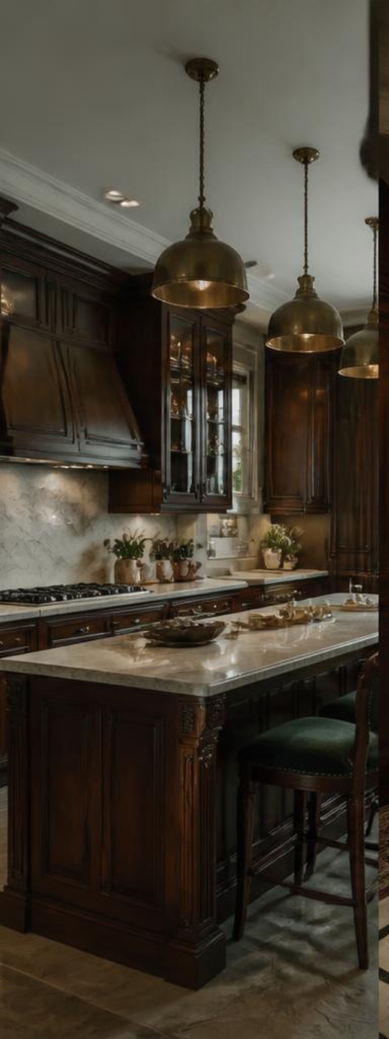 Victorian kitchen with walnut cabinetry and brass pendants