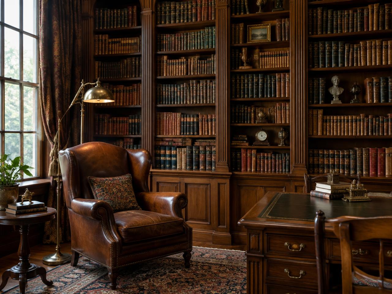 Victorian library study with walnut shelving